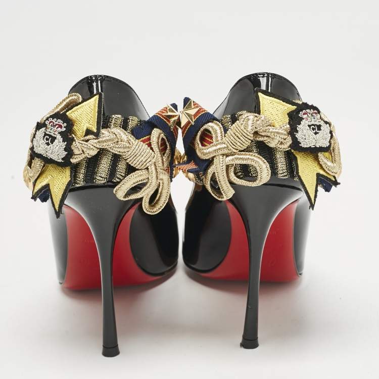 Pre Owned Christian Louboutin Black Patent Leather Galonna Pumps Size 36.5