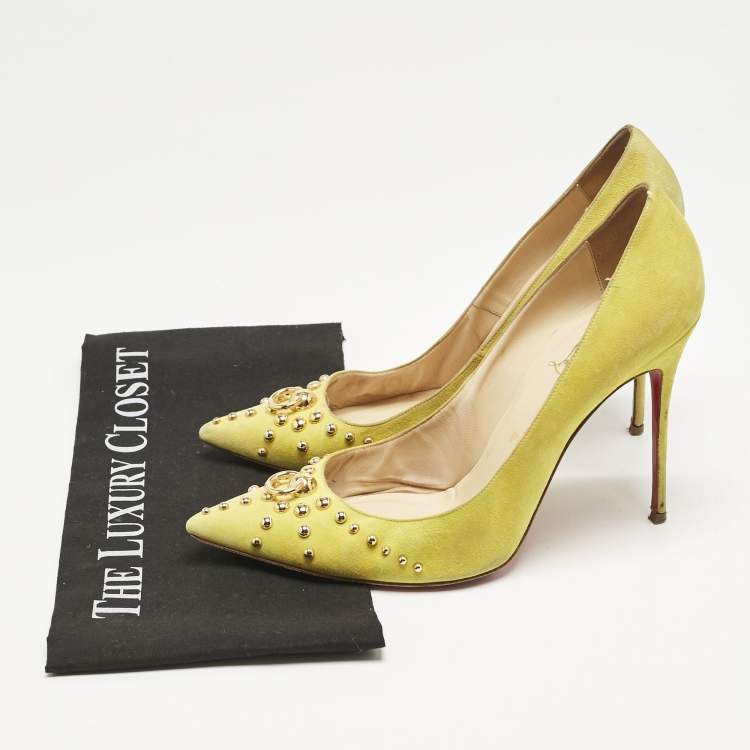 Pre Owned Christian Louboutin Neon Yellow Suede Door Knock Studded Pointed Toe Pumps Size 41