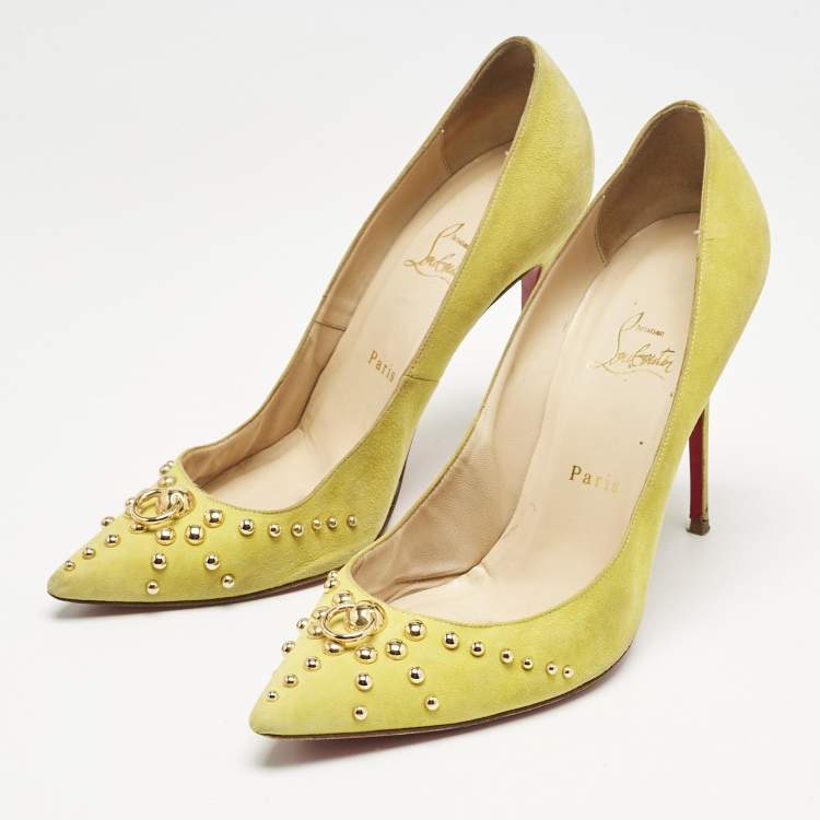 Pre Owned Christian Louboutin Neon Yellow Suede Door Knock Studded Pointed Toe Pumps Size 41