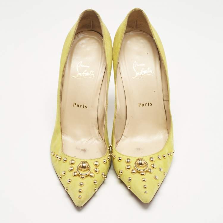 Pre Owned Christian Louboutin Neon Yellow Suede Door Knock Studded Pointed Toe Pumps Size 41