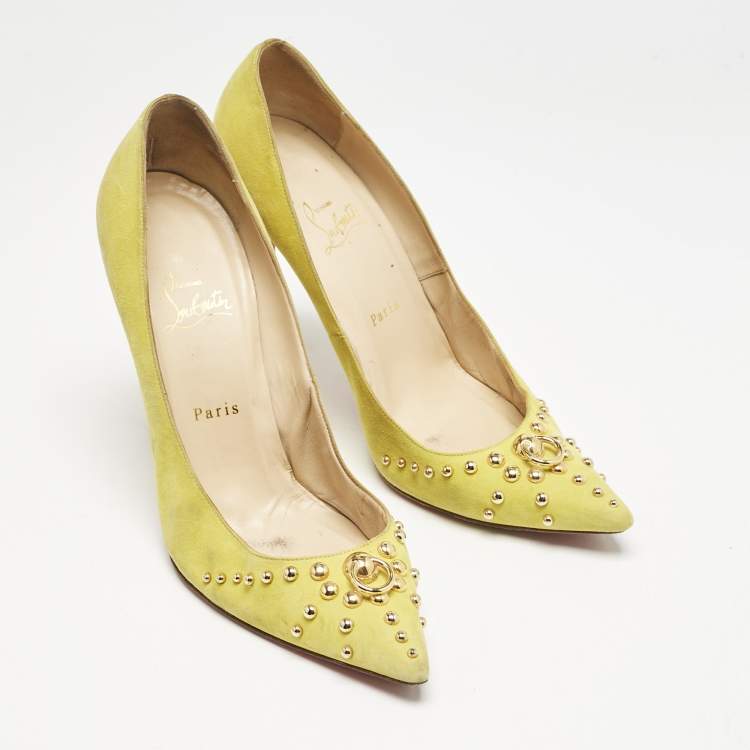Pre Owned Christian Louboutin Neon Yellow Suede Door Knock Studded Pointed Toe Pumps Size 41