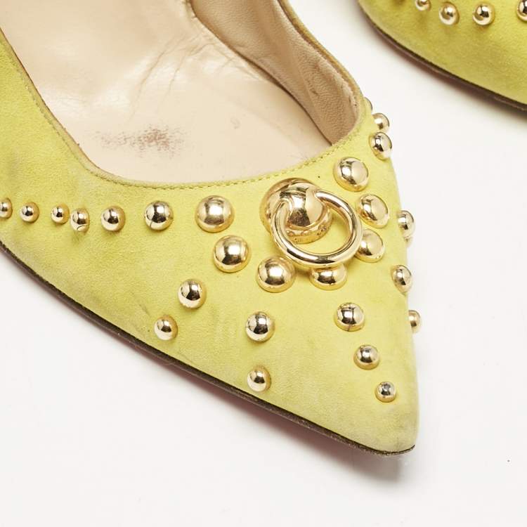 Pre Owned Christian Louboutin Neon Yellow Suede Door Knock Studded Pointed Toe Pumps Size 41