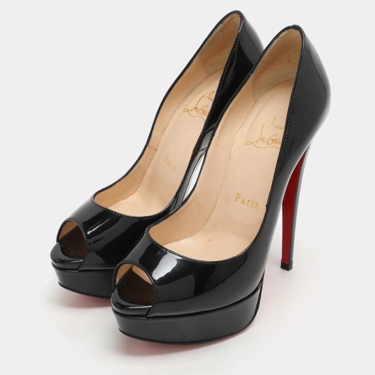 Pre Owned Christian Louboutin Black Patent Leather Lady Peep Platform Pumps Size 35.5