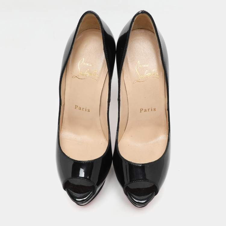 Pre Owned Christian Louboutin Black Patent Leather Lady Peep Platform Pumps Size 35.5