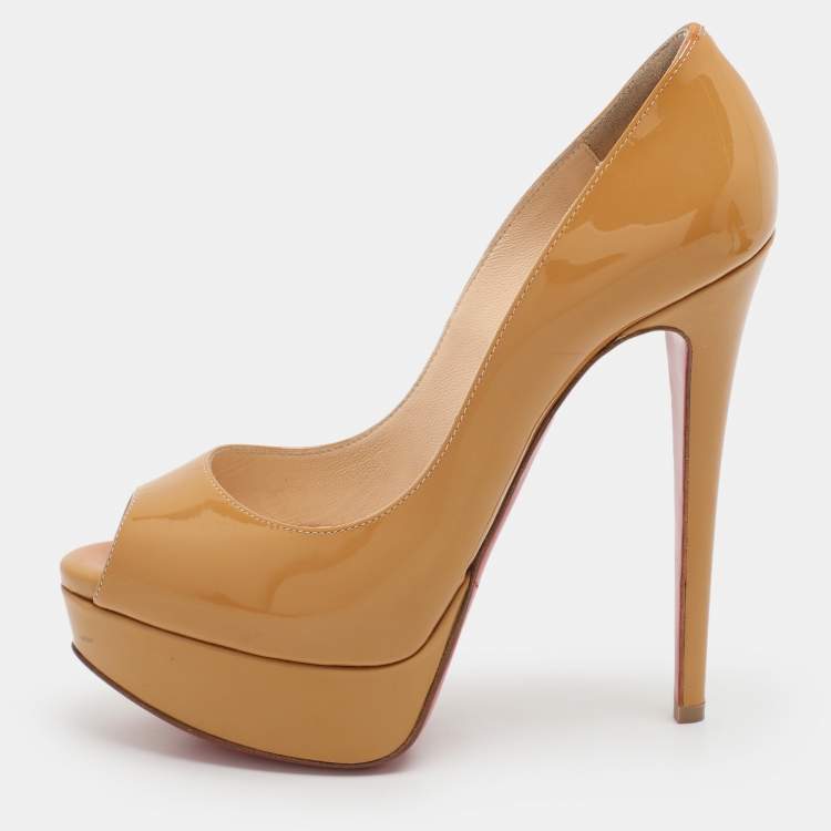 Pre Owned Christian Louboutin Mustard Patent Leather Lady Peep Platform Pumps Size 35.5