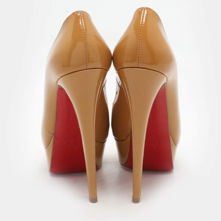 Pre Owned Christian Louboutin Mustard Patent Leather Lady Peep Platform Pumps Size 35.5