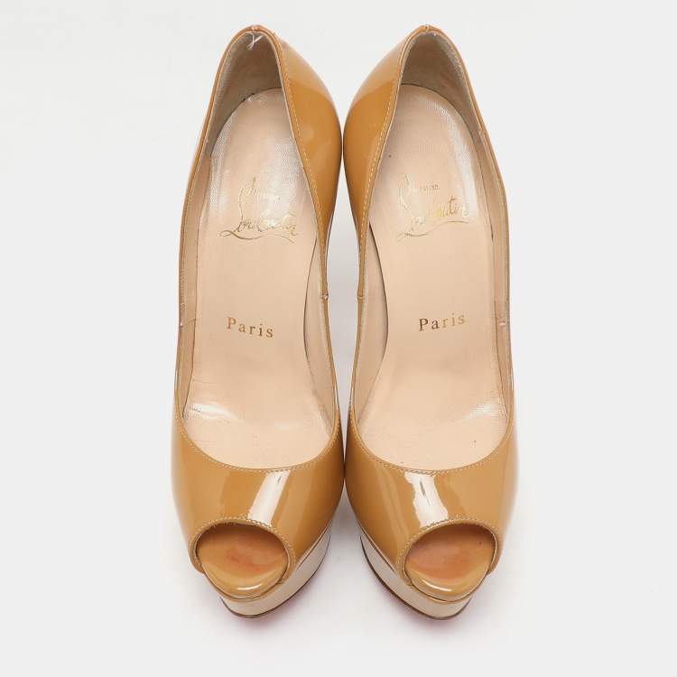 Pre Owned Christian Louboutin Mustard Patent Leather Lady Peep Platform Pumps Size 35.5