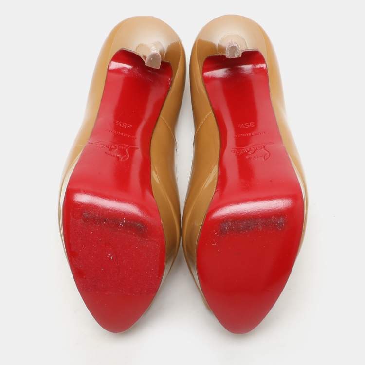 Pre Owned Christian Louboutin Mustard Patent Leather Lady Peep Platform Pumps Size 35.5