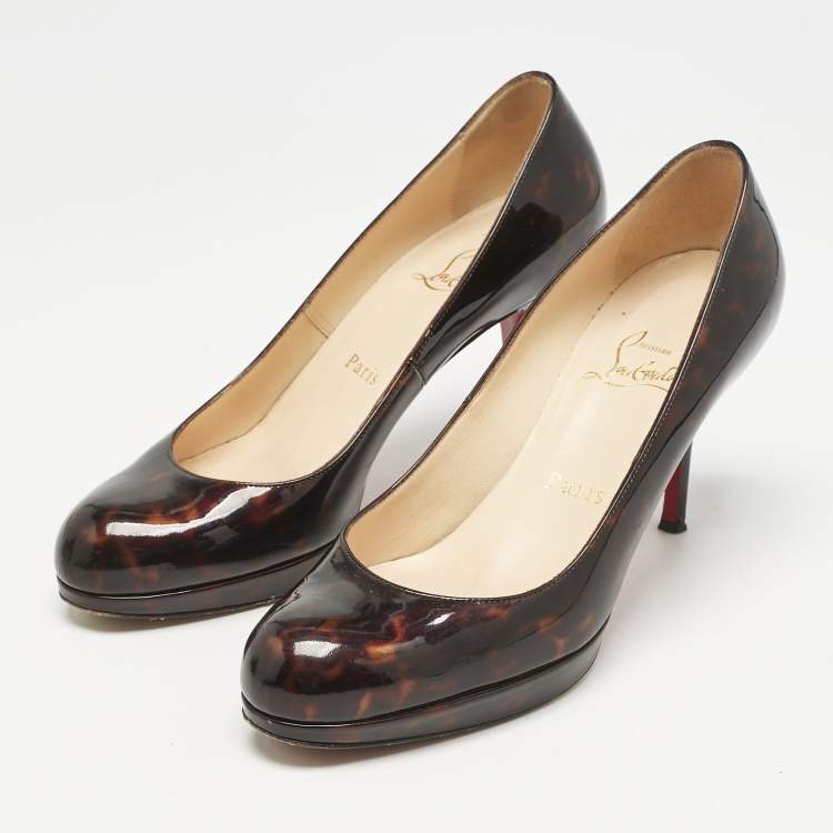 Pre Owned Christian Louboutin Brown Tortoise Shell Patent Leather Simple Round Toe Pumps Size 36.5