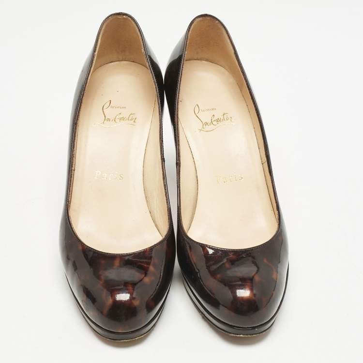 Pre Owned Christian Louboutin Brown Tortoise Shell Patent Leather Simple Round Toe Pumps Size 36.5