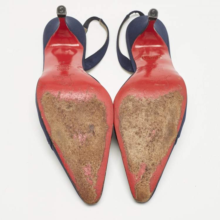 Pre Owned Christian Louboutin Navy Blue Fabric Pointed Toe Slingback Sandals Size 38