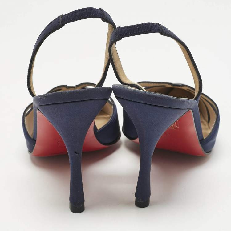 Pre Owned Christian Louboutin Navy Blue Fabric Pointed Toe Slingback Sandals Size 38