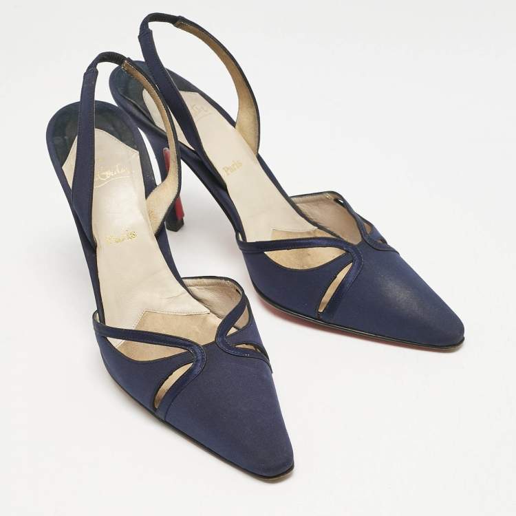 Pre Owned Christian Louboutin Navy Blue Fabric Pointed Toe Slingback Sandals Size 38