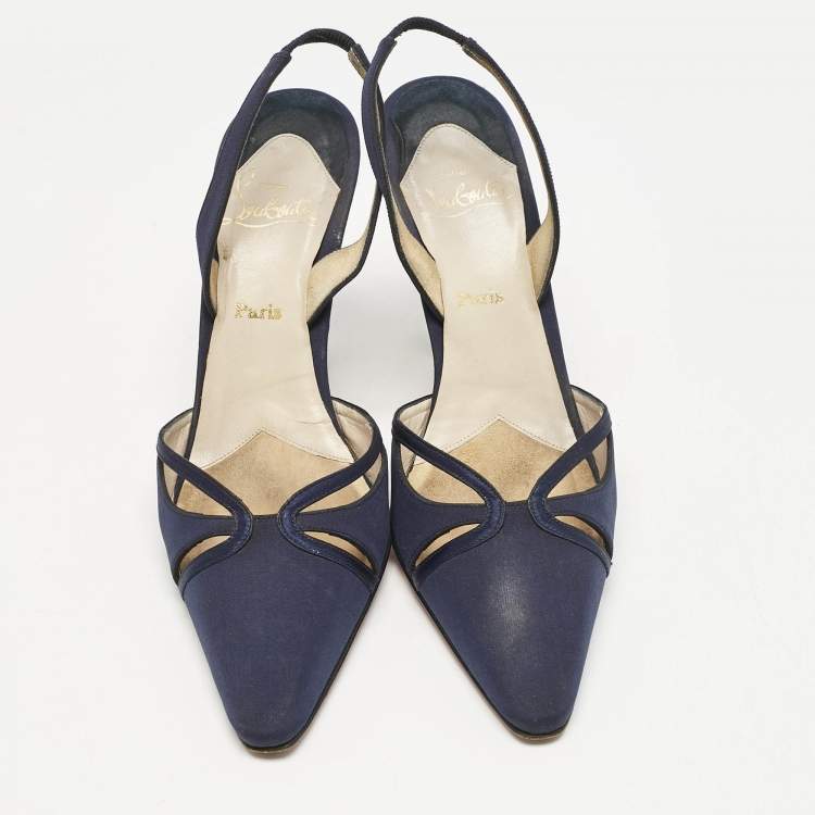 Pre Owned Christian Louboutin Navy Blue Fabric Pointed Toe Slingback Sandals Size 38