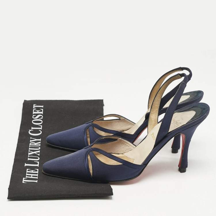 Pre Owned Christian Louboutin Navy Blue Fabric Pointed Toe Slingback Sandals Size 38