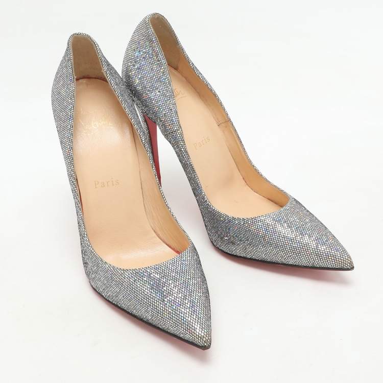Pre Owned Christian Louboutin Silver Glitter Pigalle Follies Pumps Size 39.5