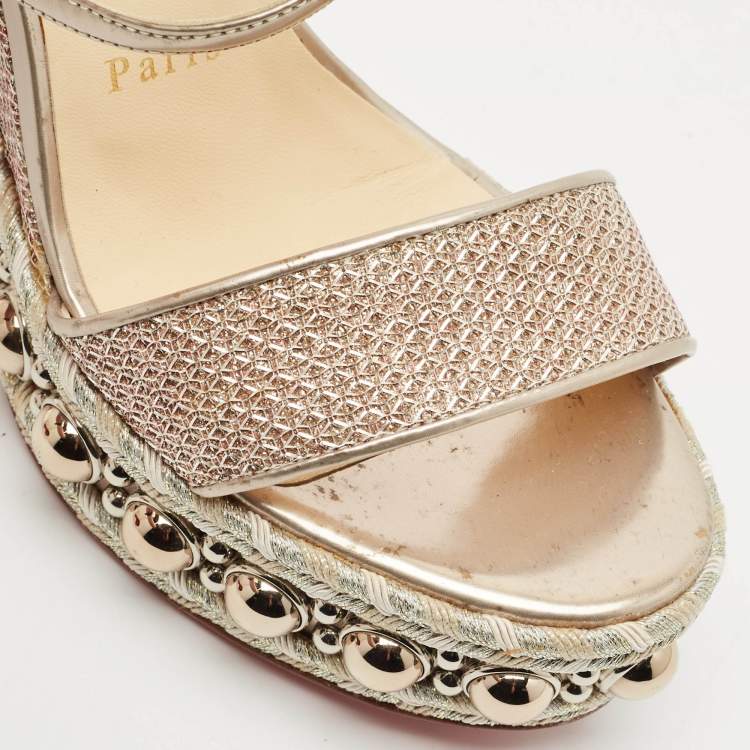 Pre Owned Christian Louboutin Gold Leather and Mesh Chocazeppa Wedge Sandals Size 36