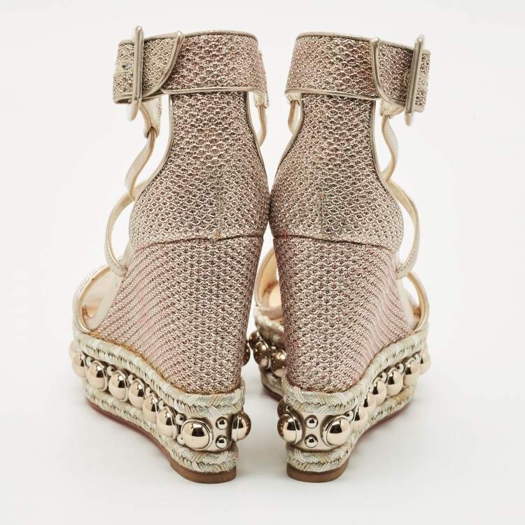 Pre Owned Christian Louboutin Gold Leather and Mesh Chocazeppa Wedge Sandals Size 36