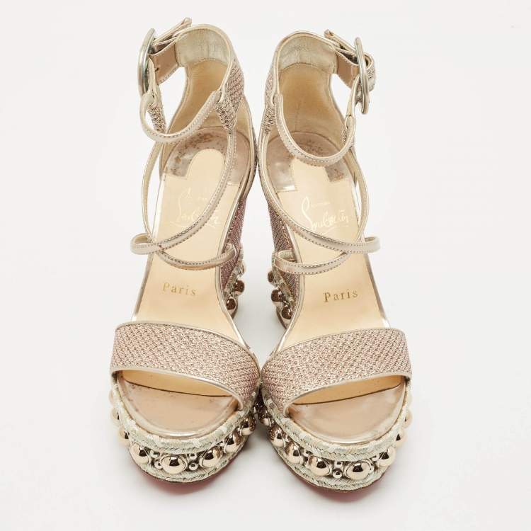 Pre Owned Christian Louboutin Gold Leather and Mesh Chocazeppa Wedge Sandals Size 36