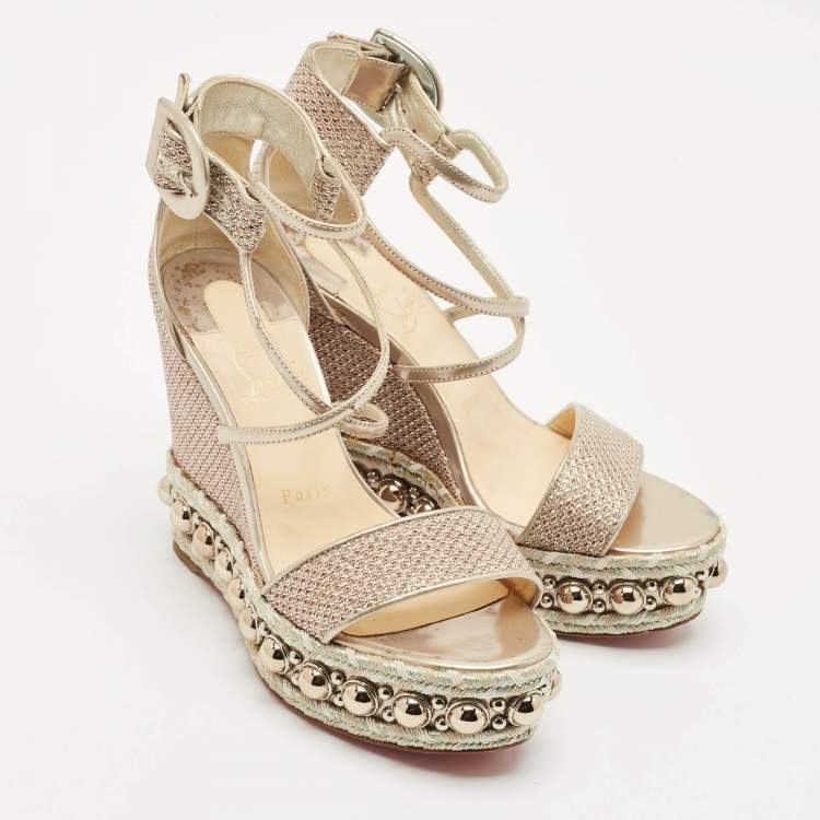 Pre Owned Christian Louboutin Gold Leather and Mesh Chocazeppa Wedge Sandals Size 36