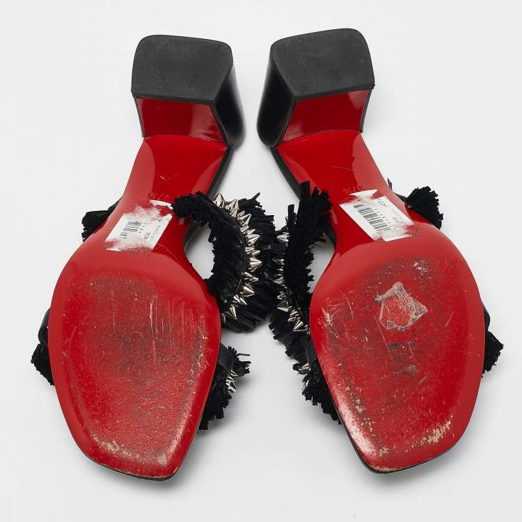 Pre Owned Christian Louboutin Black Raffia and Leather Marivodu Slide Sandals Size 37.5