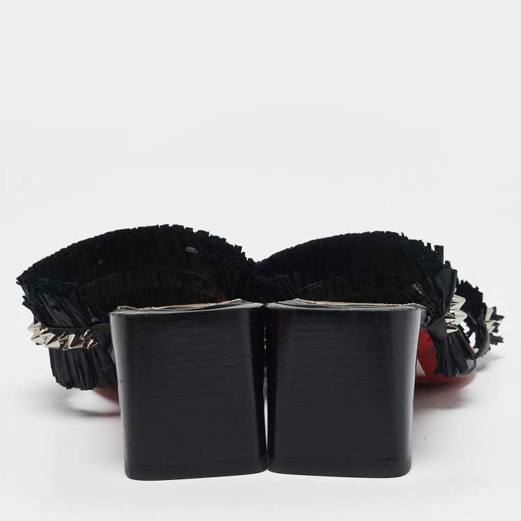 Pre Owned Christian Louboutin Black Raffia and Leather Marivodu Slide Sandals Size 37.5