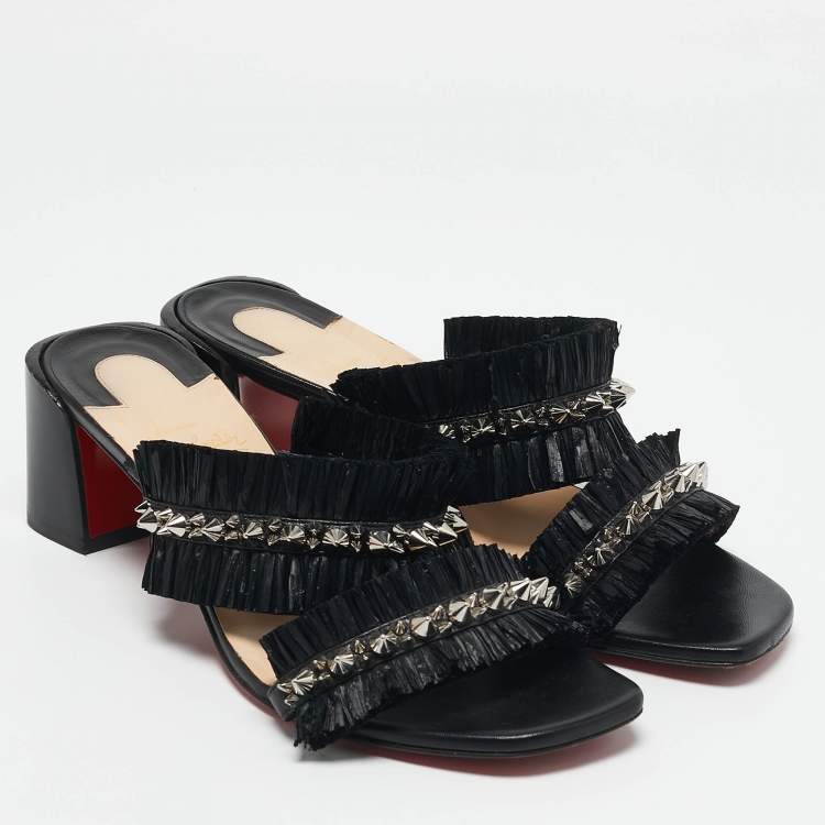 Pre Owned Christian Louboutin Black Raffia and Leather Marivodu Slide Sandals Size 37.5