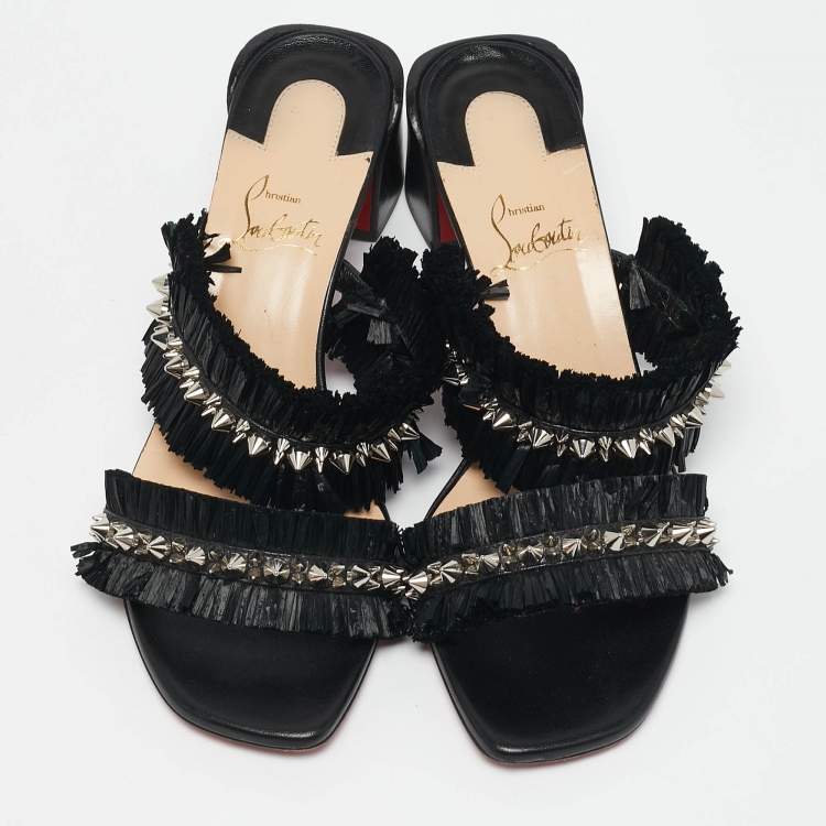 Pre Owned Christian Louboutin Black Raffia and Leather Marivodu Slide Sandals Size 37.5