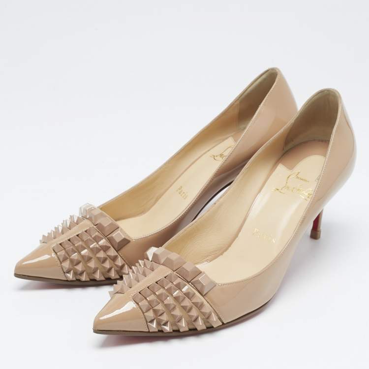Pre Owned Christian Louboutin Beige Patent Leather and Mesh Pyrami Pumps Size 38