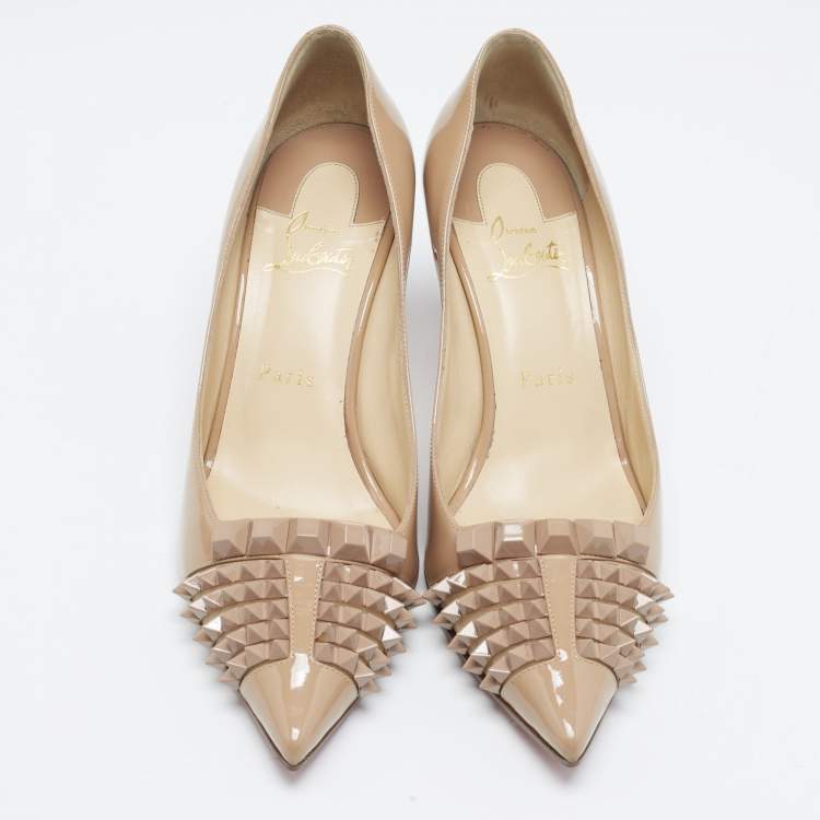 Pre Owned Christian Louboutin Beige Patent Leather and Mesh Pyrami Pumps Size 38