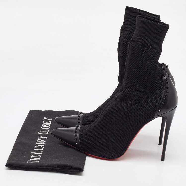 Pre Owned Christian Louboutin Black Knit Fabric and Leather Spikes Dovi Dova Socks Ankle Boots Size 40.5
