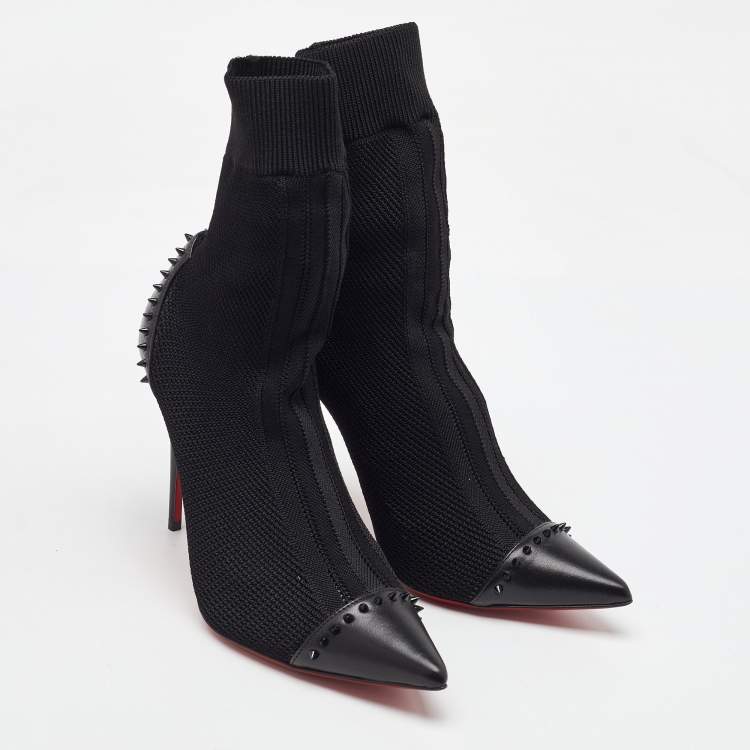Pre Owned Christian Louboutin Black Knit Fabric and Leather Spikes Dovi Dova Socks Ankle Boots Size 40.5