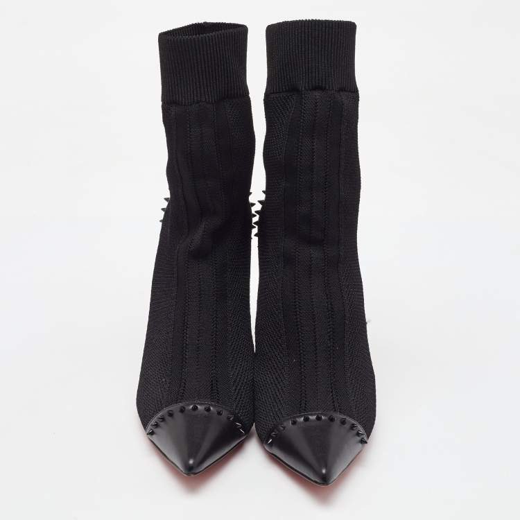 Pre Owned Christian Louboutin Black Knit Fabric and Leather Spikes Dovi Dova Socks Ankle Boots Size 40.5