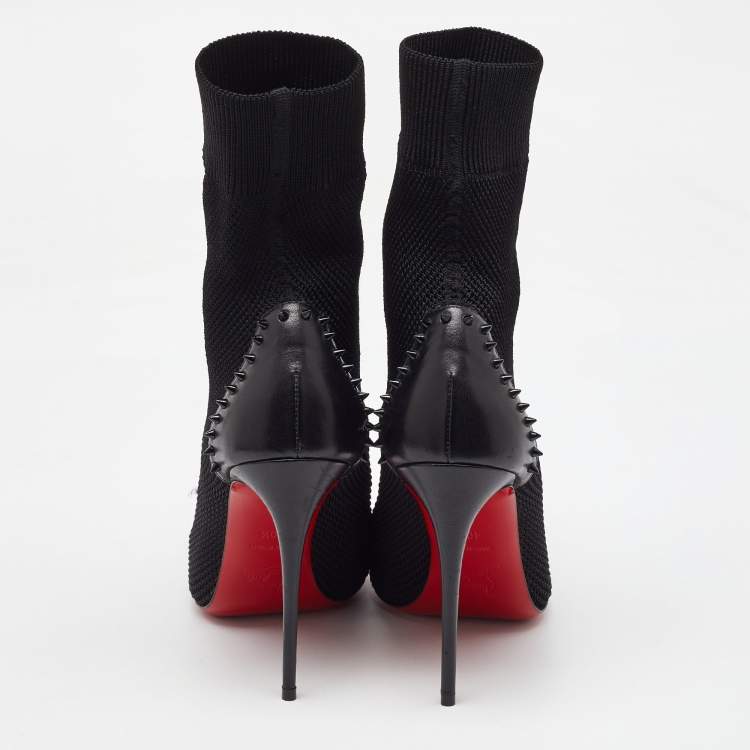 Pre Owned Christian Louboutin Black Knit Fabric and Leather Spikes Dovi Dova Socks Ankle Boots Size 40.5