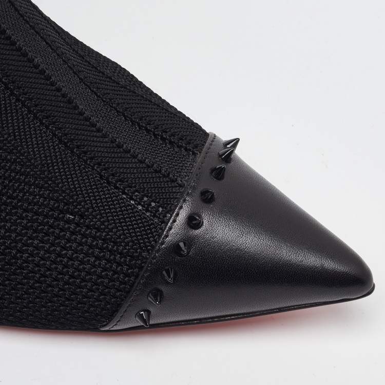 Pre Owned Christian Louboutin Black Knit Fabric and Leather Spikes Dovi Dova Socks Ankle Boots Size 40.5