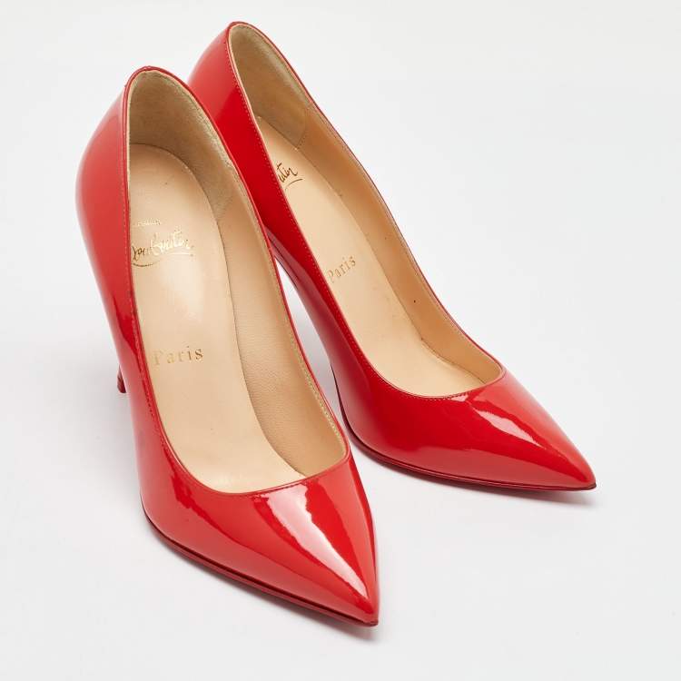 Pre Owned Christian Louboutin Coral Red Patent Leather Pigalle Follies Pointed Toe Pumps Size 36