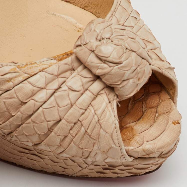 Pre Owned Christian Louboutin Beige Python Jenny Knotted Peep Toe Slingback Platform Pumps Size 40