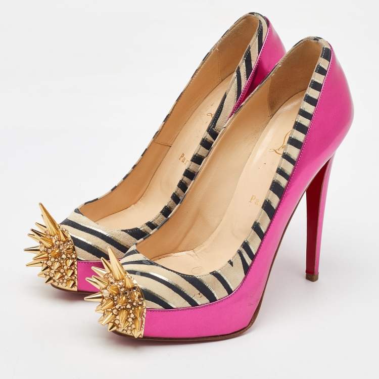 Pre Owned Christian Louboutin Multicolor Zebra Print Suede and Leather Asteroid Platform Pumps Size 38