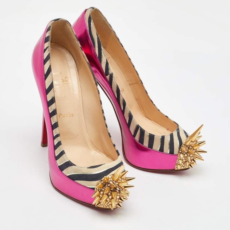 Pre Owned Christian Louboutin Multicolor Zebra Print Suede and Leather Asteroid Platform Pumps Size 38