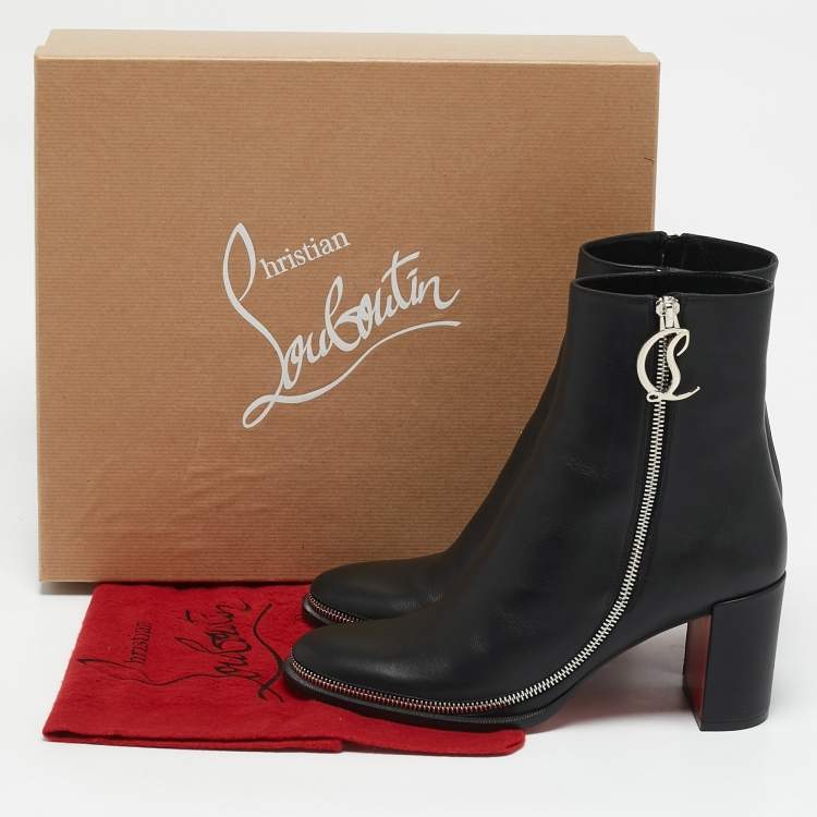 Pre Owned Christian Louboutin Black Leather CL Zip Ankle Boots Size 38