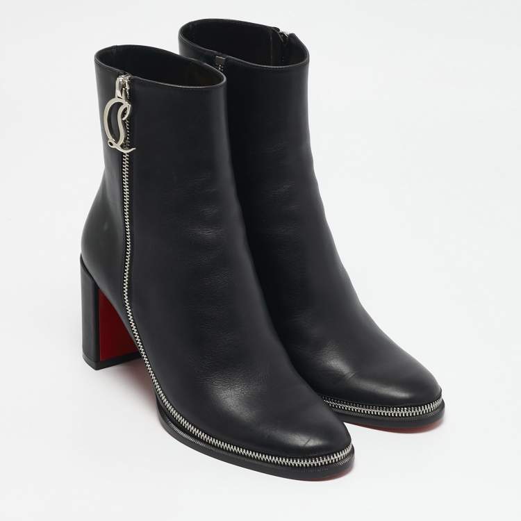 Pre Owned Christian Louboutin Black Leather CL Zip Ankle Boots Size 38