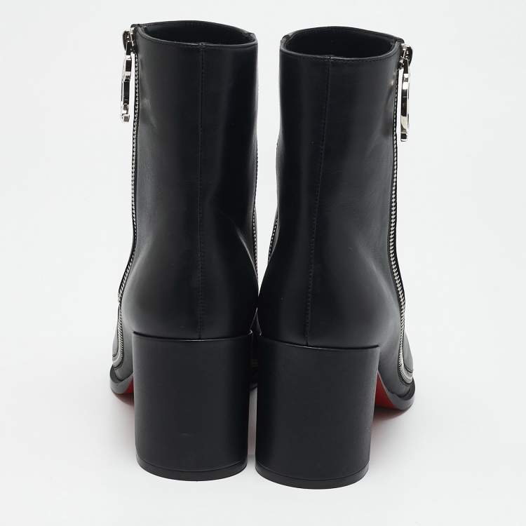 Pre Owned Christian Louboutin Black Leather CL Zip Ankle Boots Size 38