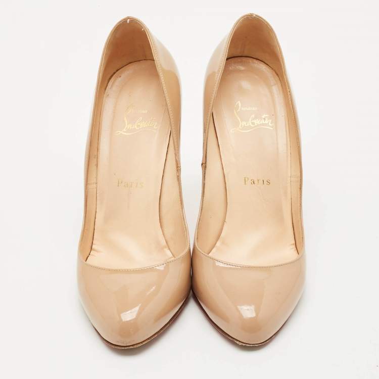 Pre Owned Christian Louboutin Beige Patent Leather Fifi Pumps Size 38.5