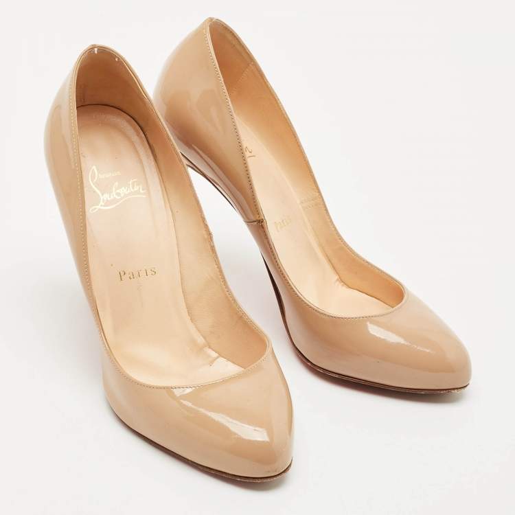 Pre Owned Christian Louboutin Beige Patent Leather Fifi Pumps Size 38.5