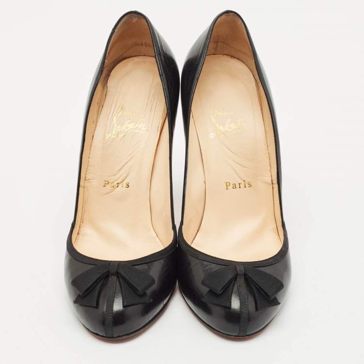 Pre Owned Christian Louboutin Black Leather and Grosgrain Lavalliere Pumps Size 38.5