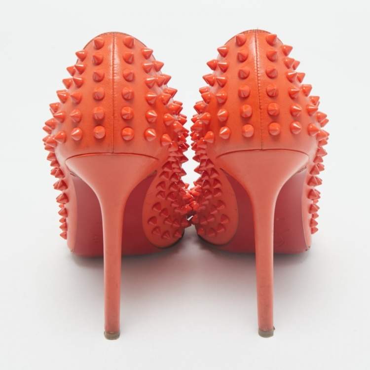 Pre Owned Christian Louboutin Orange Leather Pigalle Spikes Pumps Size 41 