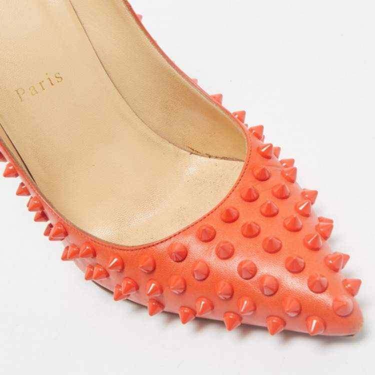 Pre Owned Christian Louboutin Orange Leather Pigalle Spikes Pumps Size 41 