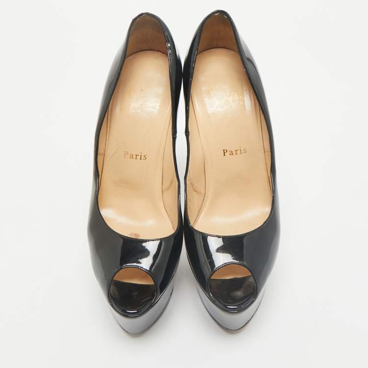 Pre Owned Christian Louboutin Black Patent Leather Vendome 120 Peep Toe Pumps Size 38