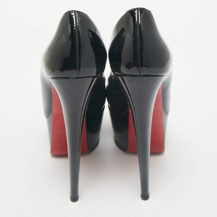 Pre Owned Christian Louboutin Black Patent Leather Vendome 120 Peep Toe Pumps Size 38