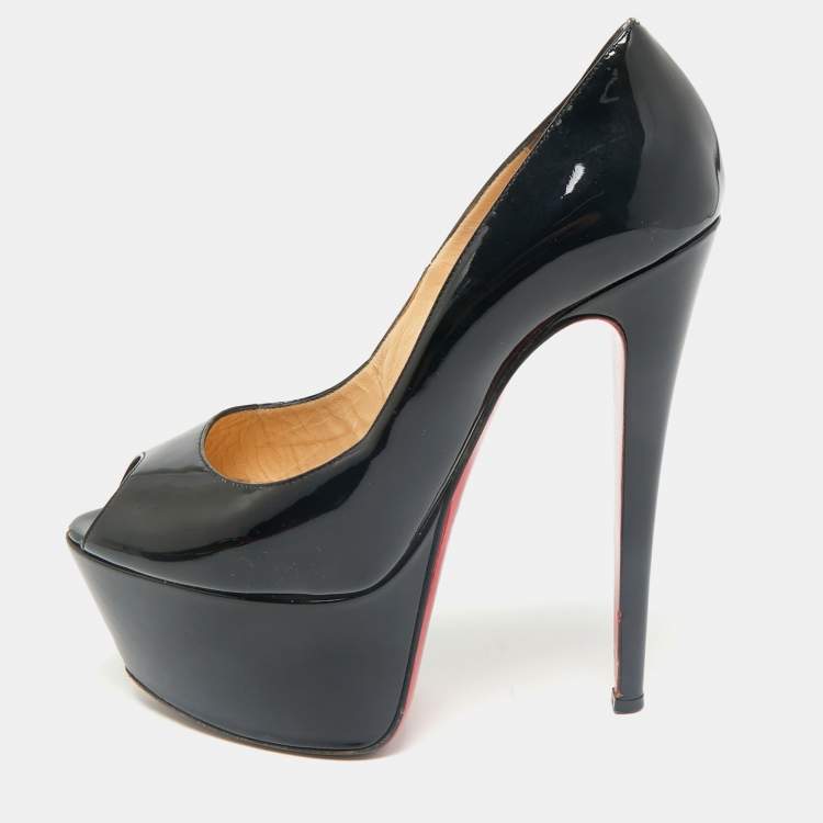 Pre Owned Christian Louboutin Black Patent Leather Vendome 120 Peep Toe Pumps Size 38